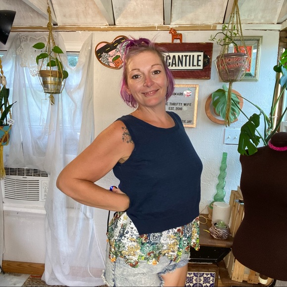 Anthropologie MOTH Navy Blue Sleeveless sweater attached MultiColor Lace Small - Picture 8 of 17